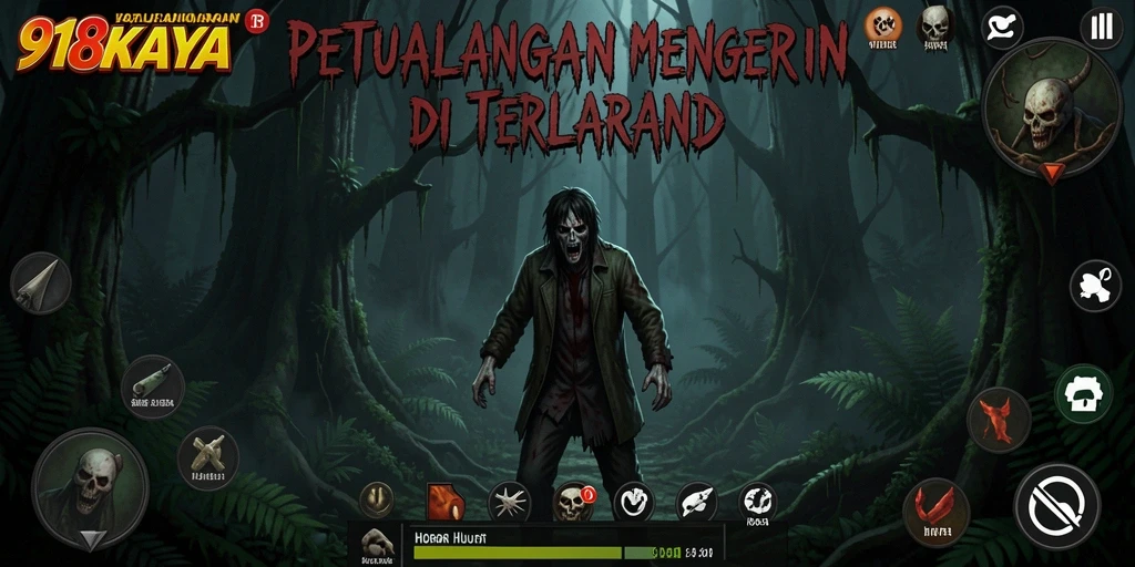 Antarmuka menyeramkan dari 918KAYA dalam suasana hutan angker.